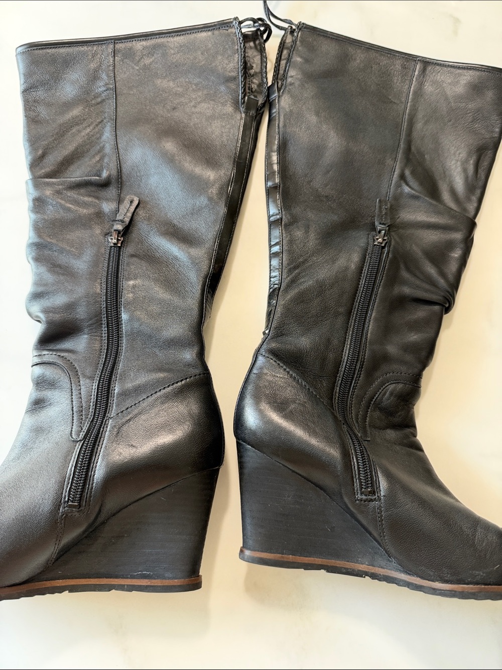 Women's Black Leather Knee-High Wedge Boots - Picture 12 of 15